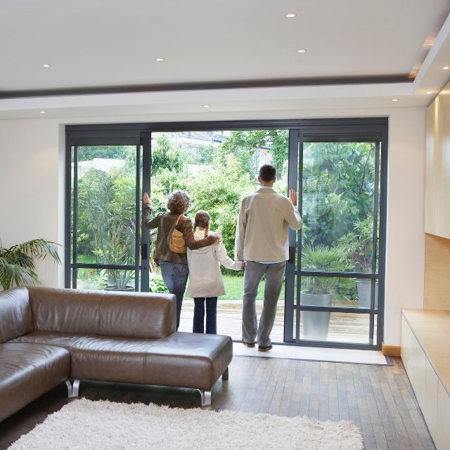 family looking outside of the house